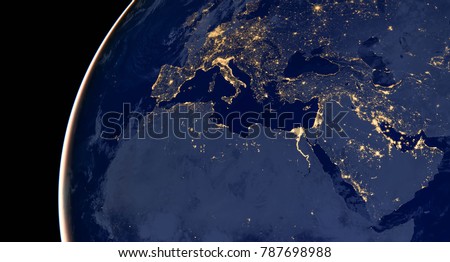 Middle east, west asia, east europe lights during night as it looks like from space. Elements of this image are furnished by NASA. Royalty-Free Stock Photo #787698988