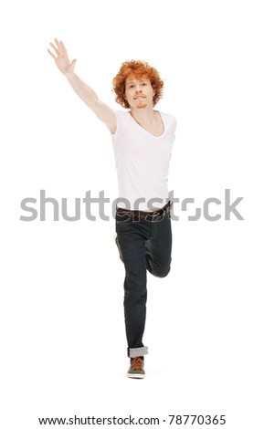bright picture of jumping man in  white shirt