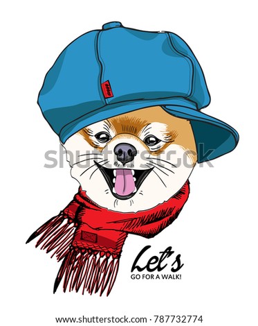 Vector doggy with cap and scarf. Hand drawn illustration of dressed dog.