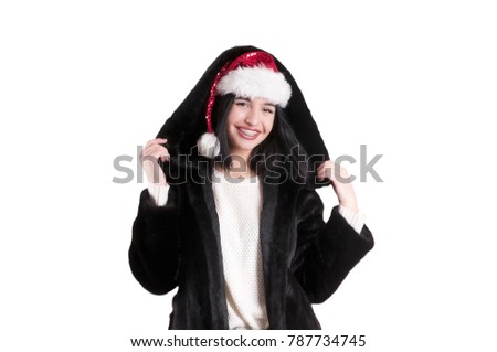 girl in braces santa hat isolated fur coat