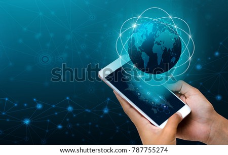 Smart Phones and Globe Connections Uncommon communication world Internet Businesspeople press the phone to communicate in the Internet. Space put message Blue tone