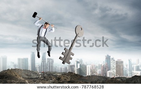 Jumping businessman crashing big key symbol with city view on background. 3D rendering.
