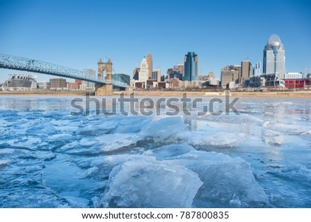 A View of an Icy Ohio River, Roebling Bridge, Cincinnati's Skyline, and Riverfront during Winter