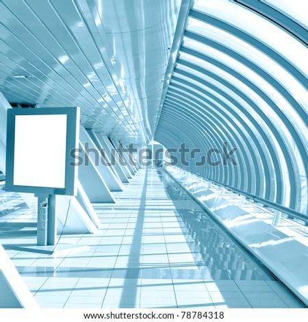 blue modern hall with white placard