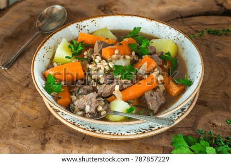 Traditional Irish stew with lamb, potatoes, carrot and barley
