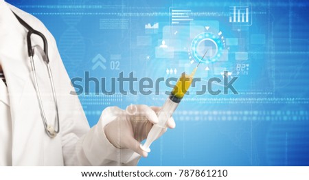 Female doctor hand holding syringe with blue background and charts