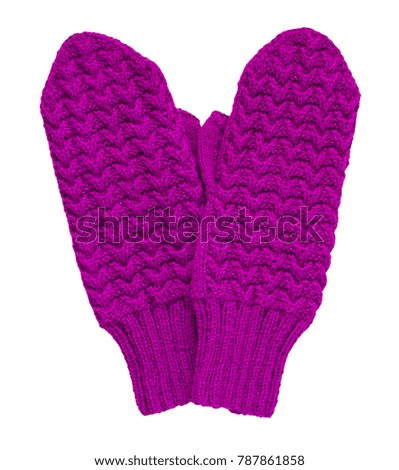 Violet knitted mittens in the form of a heart isolated on a white background