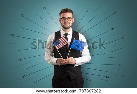 Smiling young man standing with flag and multidirectional arrows around
