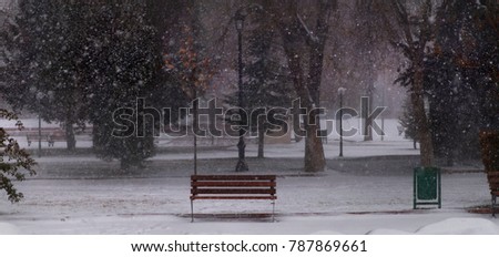 It snows in forest, lonely bench in the foreground, light poles and trees in the background. Panoramic