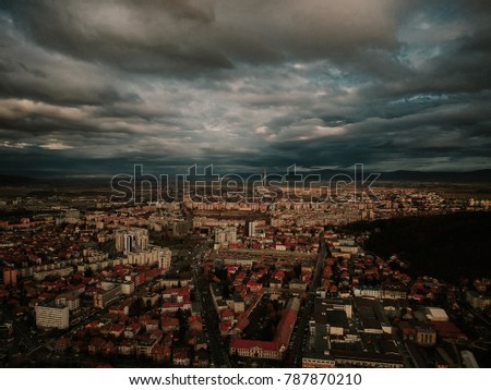 Vintage Aerial Photo City of Brasov. Mountains and city structures