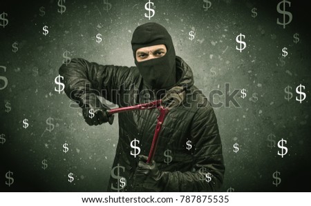 Money hungry thief in black clothes and tolls on his hand.