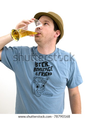 Male in Funny Beer Shirt, Drinking.