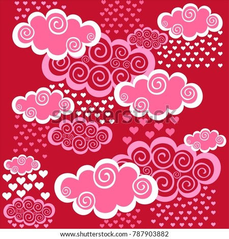 Valentine's day background. Seamless pattern with clouds and hearts. Background dark red blurred. Maroon backdrop. Vector Illustration