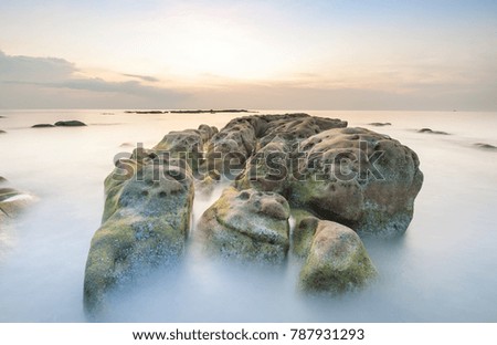 Long expose sunset seascape with green moss at Sabah, Malaysia. Image contain soft focus and blue due to long expose and water movement.