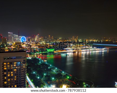 Yokohama Minato-Mirai area Nightscape with luxury cruise ship