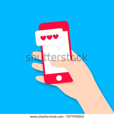 Flat hand holding colored mobile smartphone Valentines day illustration keep message, sms, chat. Vector web app icon. Infographics. Wireless technologies. Trending gadget shadow isolated background.