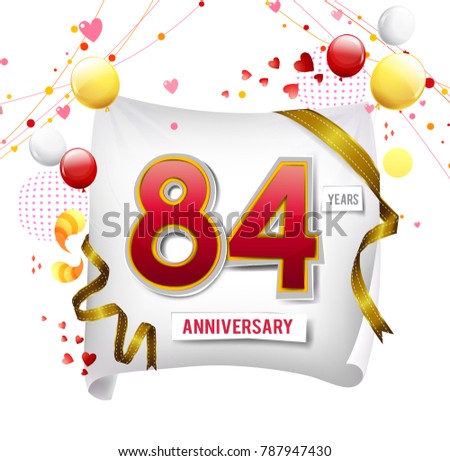 84 years anniversary vector illustration, banner, flyer, logo, icon, symbol. Graphic design element with flag, balloon, ribbon, confetty. Birthday greeting, event celebration