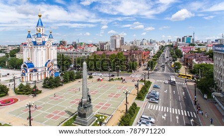 Khabarovsk Komsomolskaya square. the view from the top. filmed with a drone. Royalty-Free Stock Photo #787971220