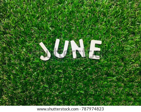 Image June,wooden alphabet June on green grass background with copy space for your text. Concept be used for calendar, month and background. Blur picture and exposure. Vintage style.