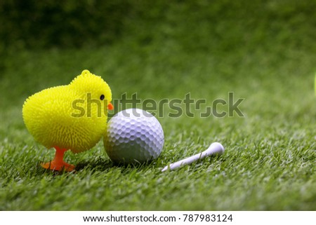 Golf Easter Holiday with Happy Easter to golfer with chick on green grass