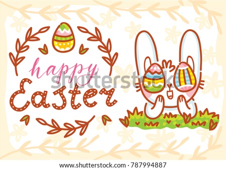 Greeting card Illustration with cute Easter Bunny with colored eggs as eyes and lettering, calligraphy text. Happy Easter. Hand drawn holiday art in vector cartoon style