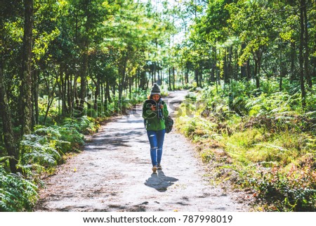 photographer Asian women Traveling photograph Nature. travel relax in the holiday walk in the forest. Thailand
