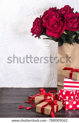 Valentines day background, Valentines day card with roses and gifts on wooden board