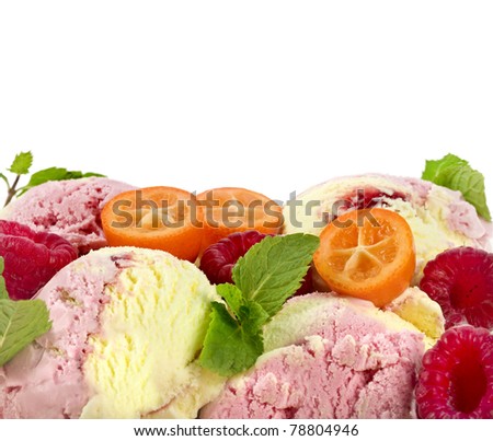 ice cream with fresh berries, fruit on white