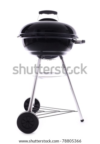 A picture of a new, black barbecue over white background