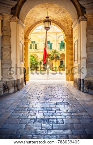 Valletta, Malta: path to inside yard of Grand Master’s Palace, the Old Parliament house