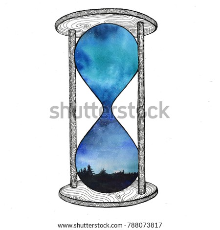Hourglass on white background. Future concept. Sand clock with space galaxy inside. Realistic vintage hourglass for business project, t-shirt.