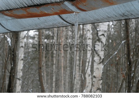 Icicles on a water pipe. Winter holiday background