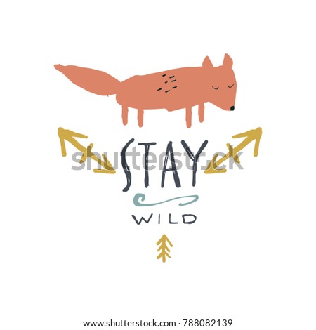 Vector, clip art, hand drawn. Sign, funny wild label, baby fox. Poster, t-shirt, textile, print, card.