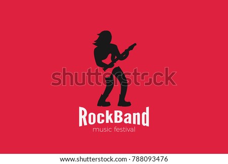 Rock Guitarist playing Guitar Logo design vector template Negative space style. Rock-band music Festival Logotype concept.