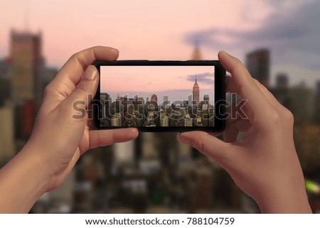                         View of midtown of Manhattan on sunset. Panorama of skyscrapers of New York City, Manhattan. Top View       