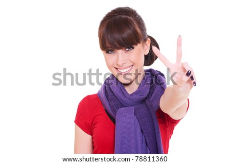 pretty happy woman giving peace sign. isolated on white background