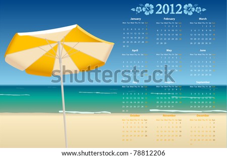 Vector European calendar 2012 with tropic beach, starting from Mondays