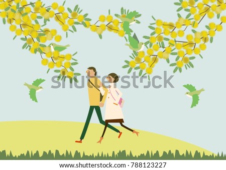 A couple walking with the flowers of Mimosa. Illustration of the season.
Image of spring.