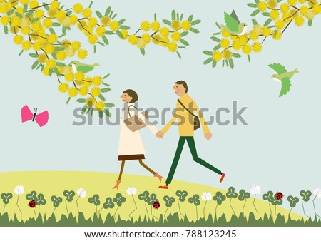 A couple walking with the flowers of Mimosa. Illustration of the season.
Image of spring.