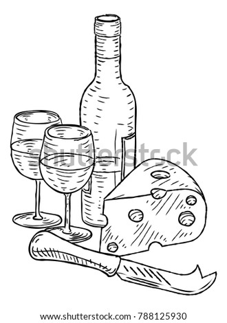Cheese slice, wine bottle and glasses hand draw in a retro vintage woodcut engraved or etched style.