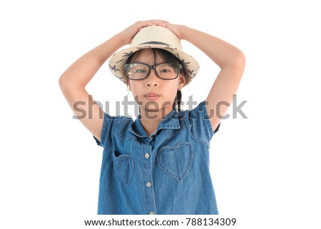 Little girl with hat on a white background.
