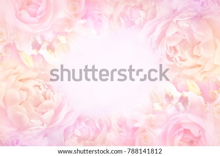 Summer blossoming delicate peony and rose frame, blooming peonies flowers festive background, pink pastel bright floral card, selective focus