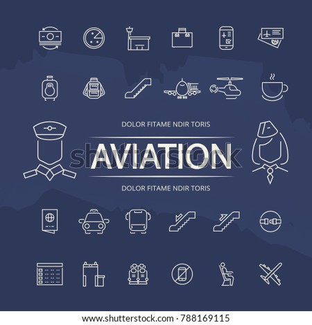 Aviation outline icons collection on blue grunge background. illustration