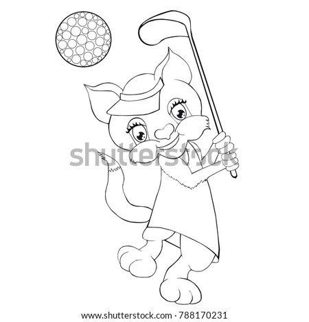 Coloring book  cat playing golf. Cartoon style. Clip art for children.