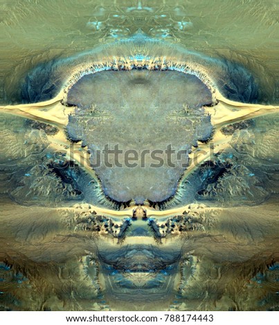 nuclear death, Tribute to Dalí, abstract symmetrical vertical photograph of the deserts of Africa from the air, aerial view, abstract expressionism, mirror effect, symmetry, kaleidoscopic