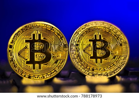 Two coins of bitcoin on a blue background