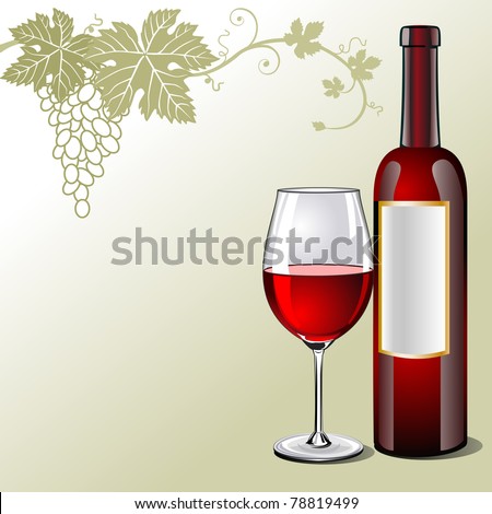 A bottle of red wine, glass and bunch of grapes on a green background