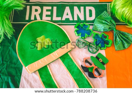 Saint Patrick's day dress accessories laid out on a table