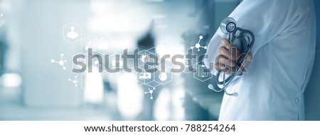 Doctor with stethoscope in hand on hospital background, medical and medicine concept Royalty-Free Stock Photo #788254264