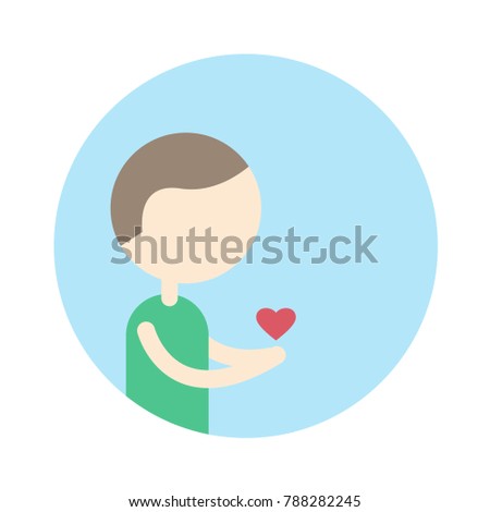 Man hand holding red heart. Love valentine icon card. Cute character design